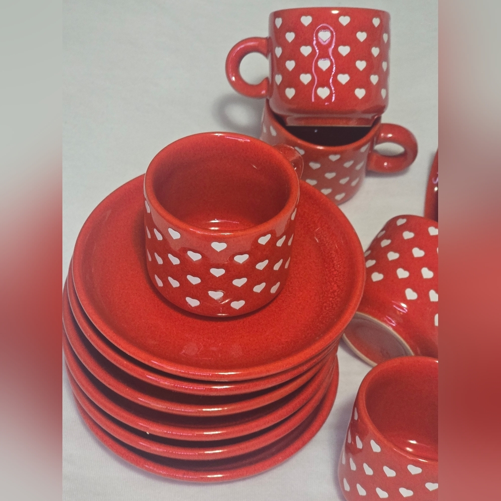 Red Heart Patterned 6 Espresso cups and Saucer set.